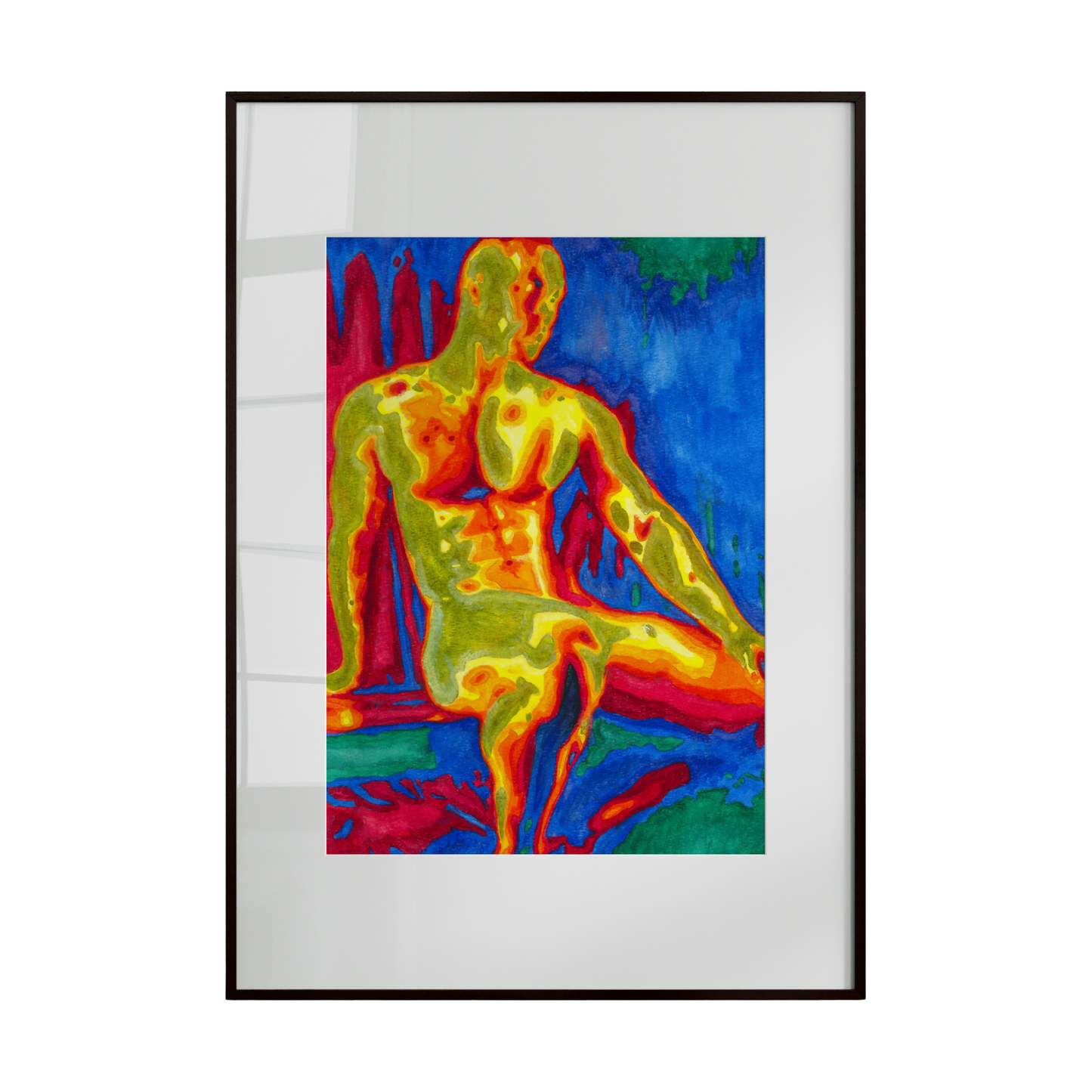 Framed artwork of a colorful abstract figure on a white background
