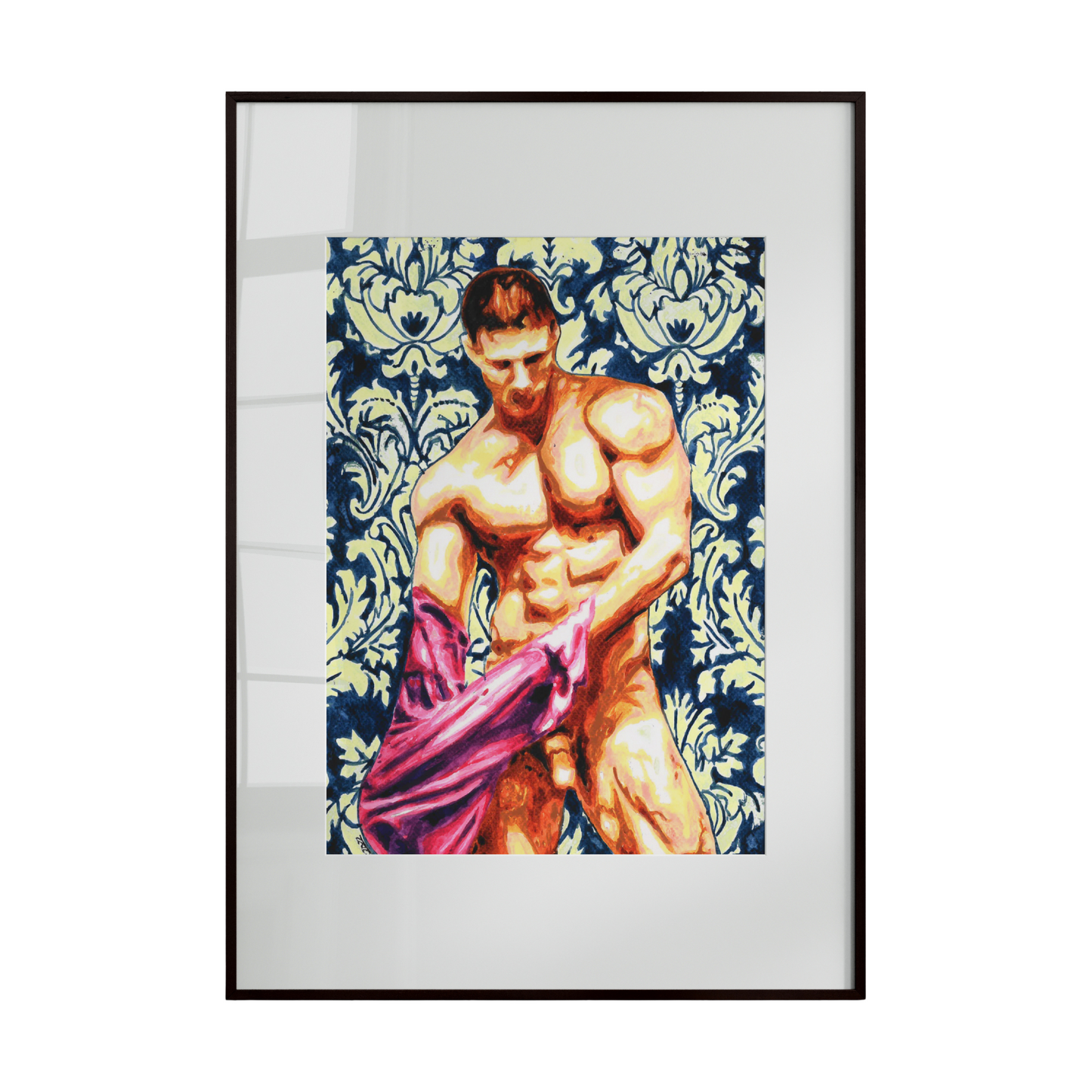 A framed artwork depicting a muscular nude male figure in the act of removing his shirt. Set against a Victorian-style wallpaper background, the contrast between classical décor and the exposed body creates a sensual yet refined composition exploring masculinity, intimacy, and timeless aesthetics.