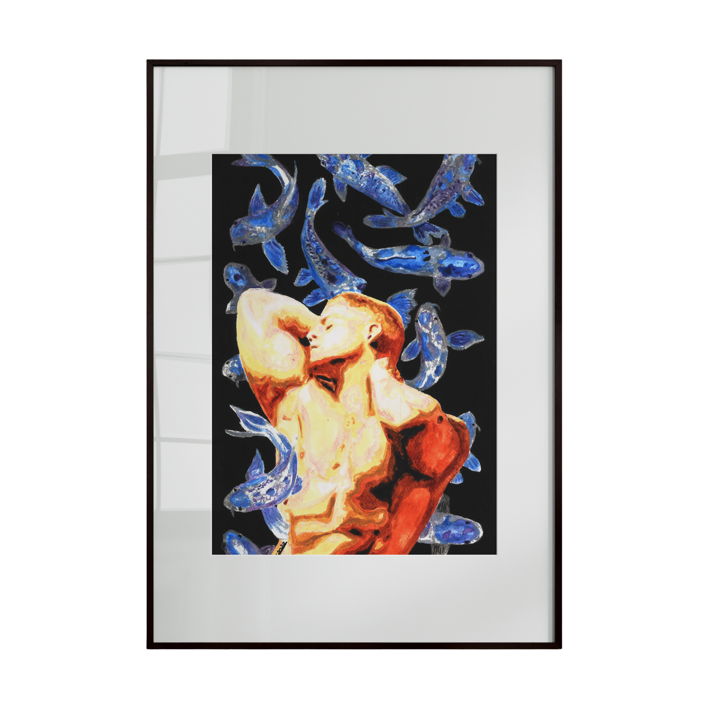 This artwork presents an erotic yet refined portrayal of a nude male figure in a bold, confident pose, surrounded by stylized fish. The shimmering blue tones of the fish contrast vividly with the figure, creating a dynamic interplay between body and movement. The composition evokes a sense of mystery, sensuality, and myth-like beauty.