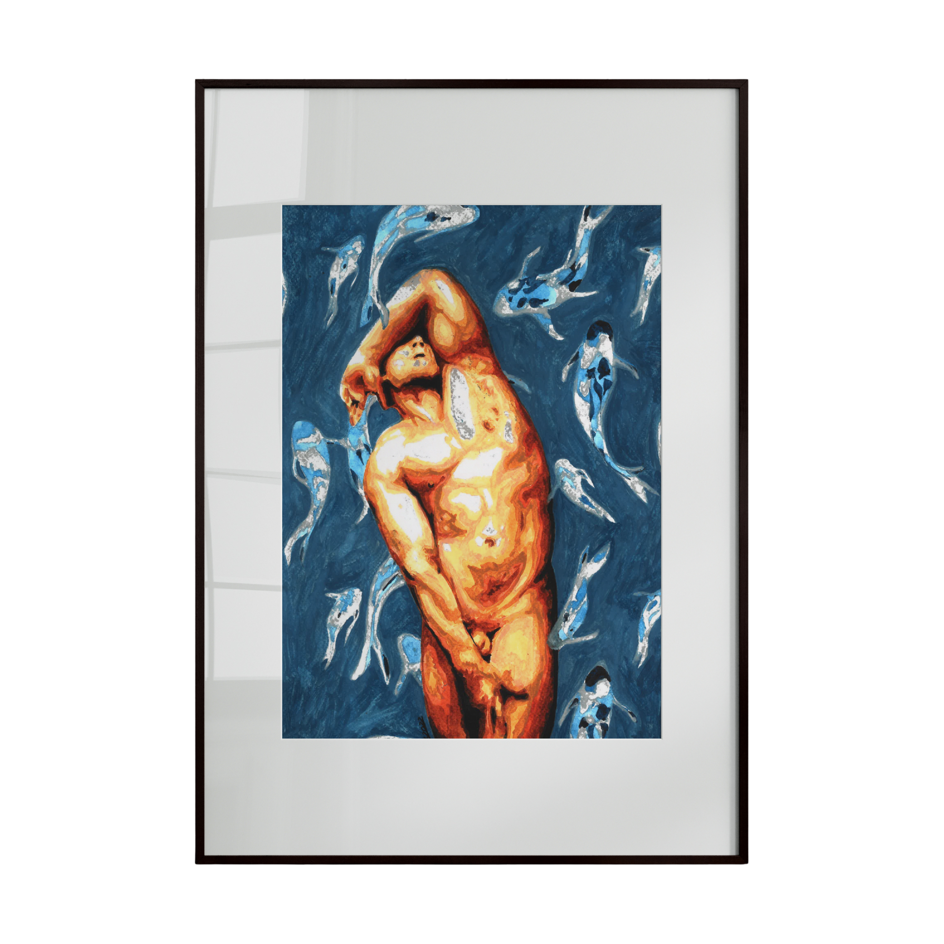 This artwork depicts a nude male figure covering his eyes, imagining fish swimming around him. The composition conveys introspection, serenity, and a dreamlike connection between the human form and aquatic life, enhanced by fluid, expressive colors.
