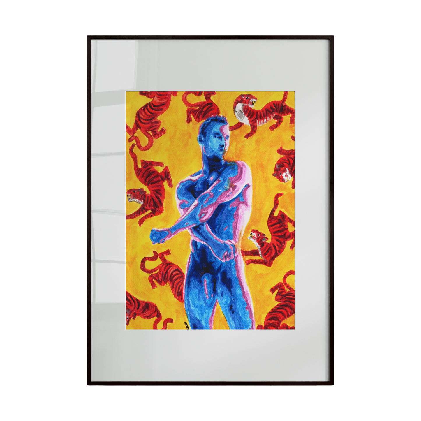 “A bold watercolor depicting a nude Asian male figure in a dynamic pose, surrounded by dozens of red and blue tigers. The fiery background and vivid colors capture energy, strength, and passion, celebrating beauty and LGBTQ+ identity.”