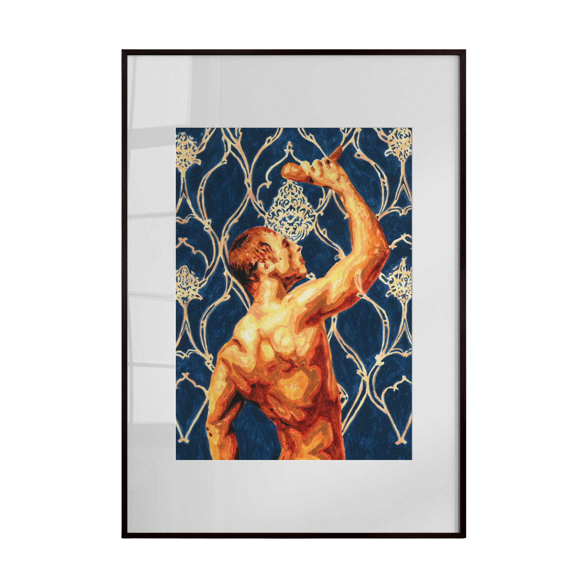 A vibrant and erotic artwork depicting a nude male figure set against an intricate blue and gold mosaic-like background. The composition blends sensuality with ornate patterns, creating a visually dramatic and expressive celebration of the human form.