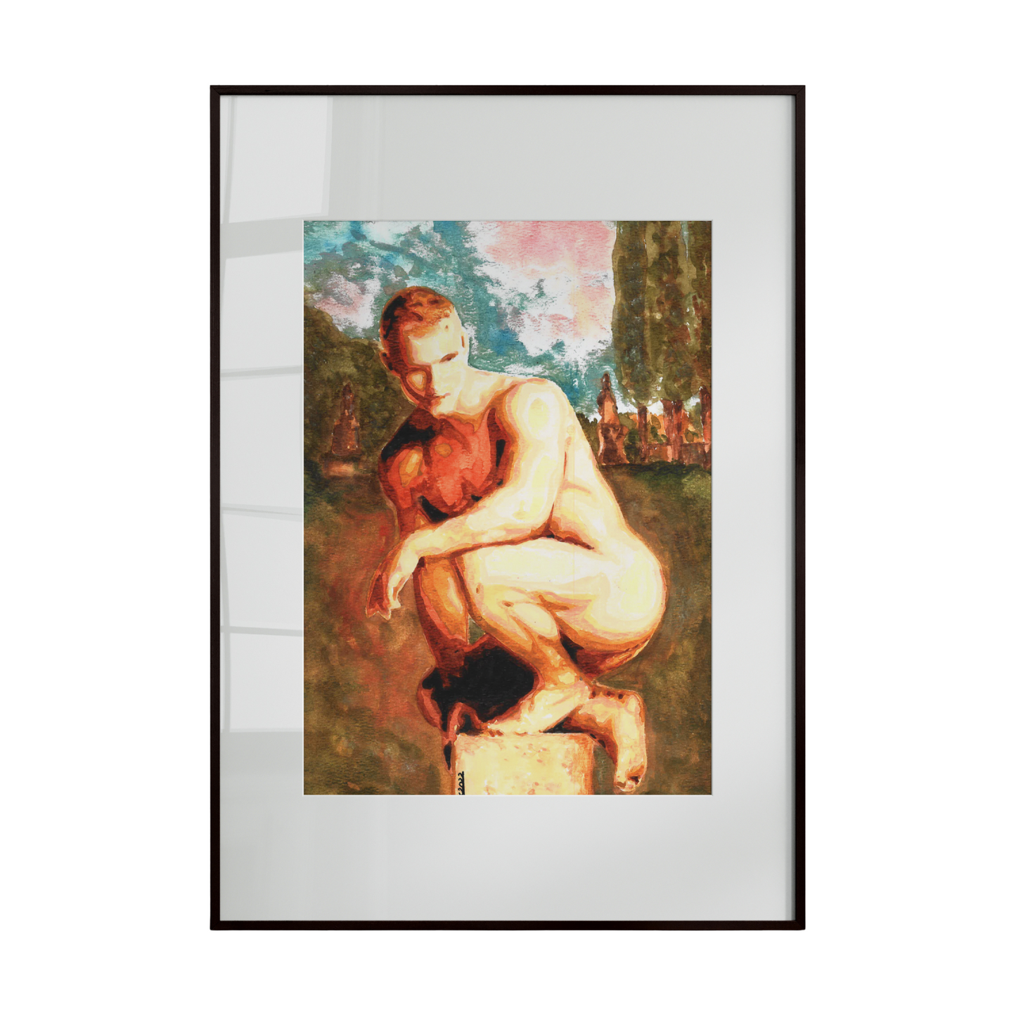 A vibrant watercolor depicting a male figure resting on a grassy surface. Warm and cool hues emphasize his muscular form, capturing both strength and vulnerability in a serene natural setting.