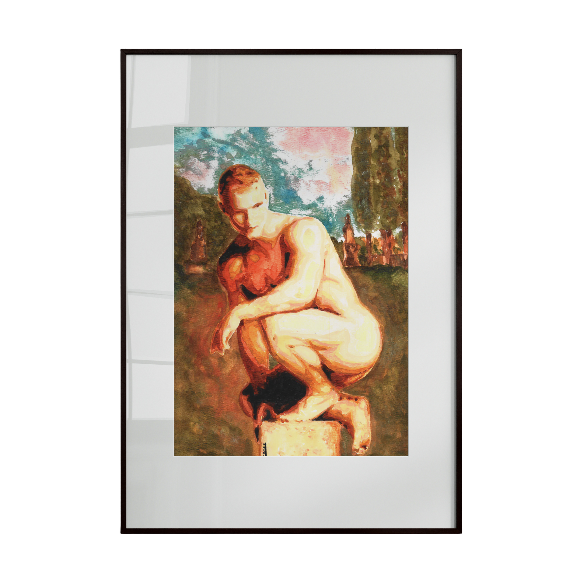 A vibrant watercolor depicting a male figure resting on a grassy surface. Warm and cool hues emphasize his muscular form, capturing both strength and vulnerability in a serene natural setting.