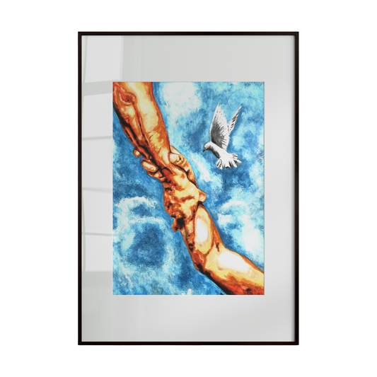 Framed artwork of a hand reaching towards a dove against a blue sky.