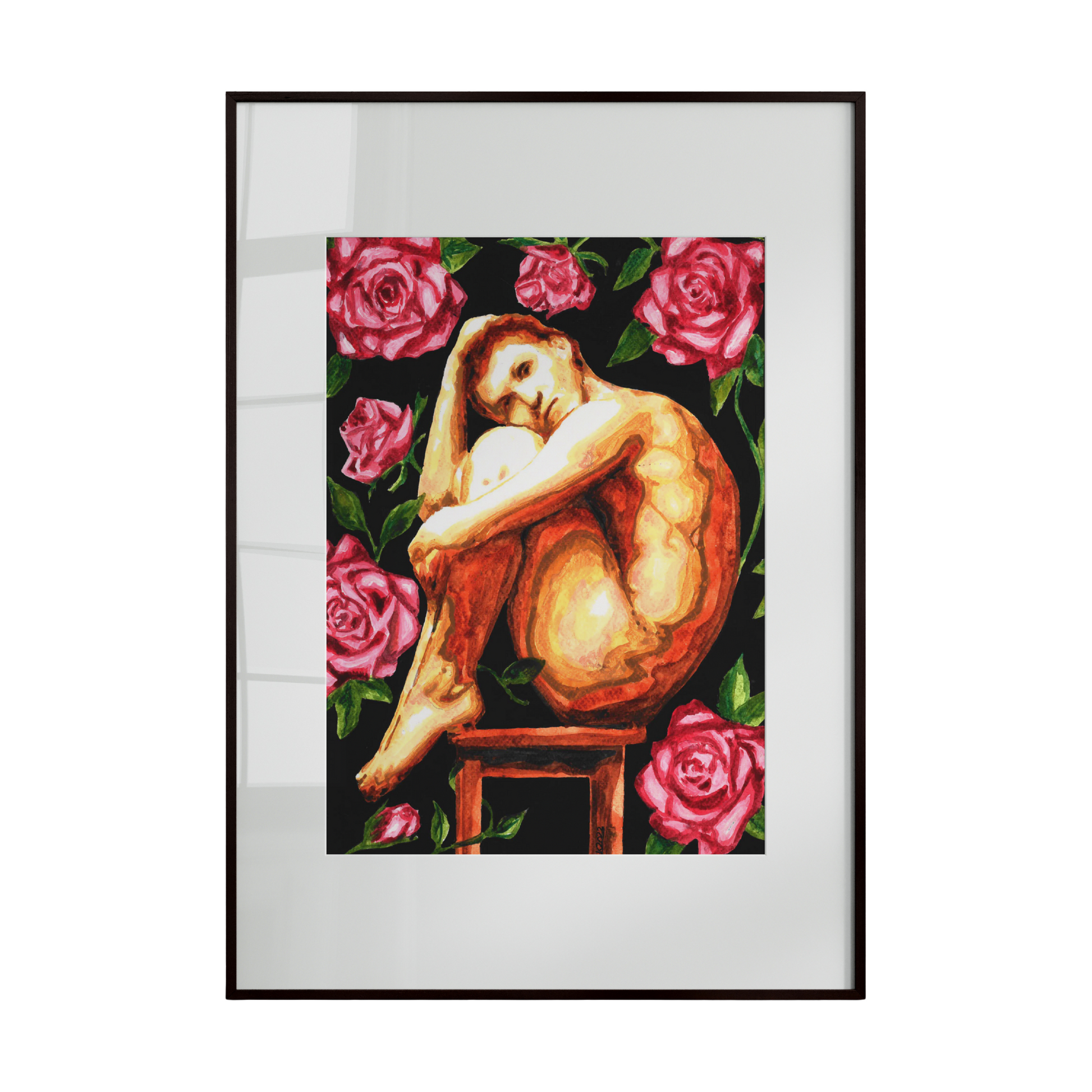 Framed artwork of a nude figure sitting on a stool surrounded by pink roses on a white background.