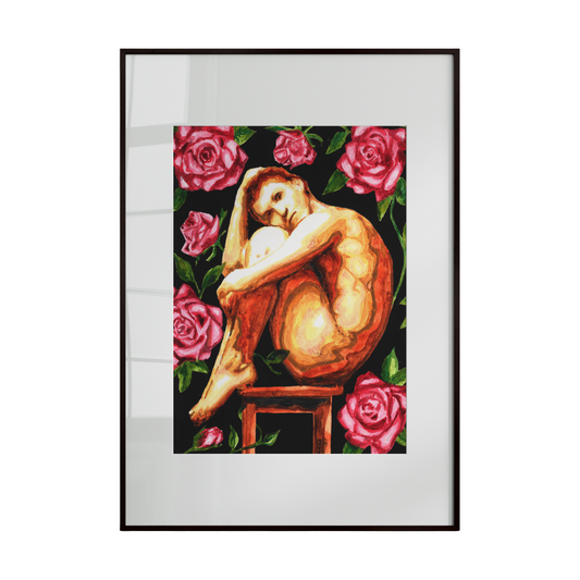 Framed artwork of a nude figure sitting on a stool surrounded by pink roses on a white background.