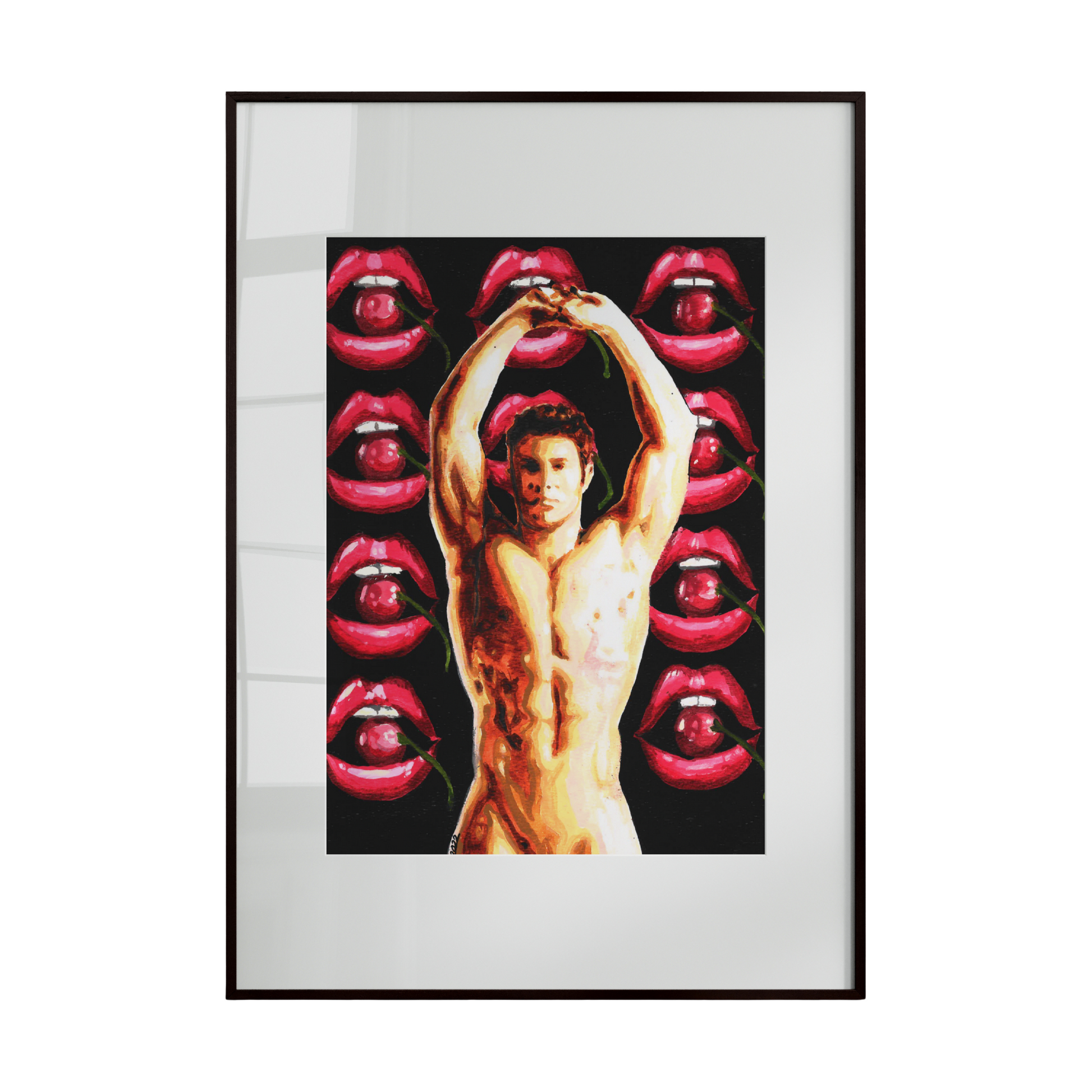 A framed artwork depicting a nude figure set against a background of bold red lips . The composition highlights contrast, form, and playful sensuality, blending minimalism with striking pop-art-inspired elements.