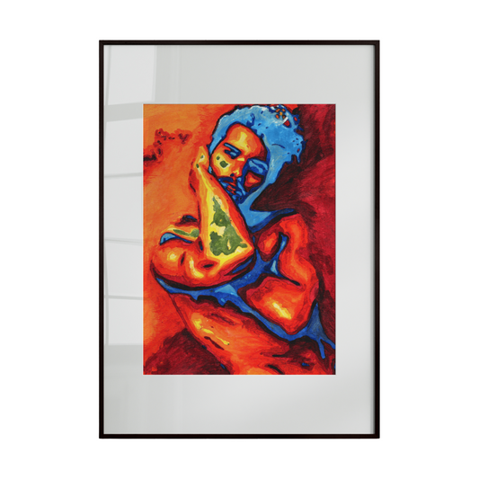 Framed abstract artwork with vibrant colors on a white background