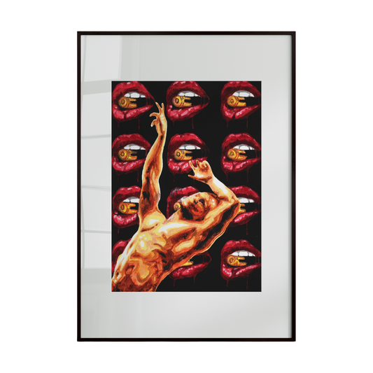 This artwork features a nude male figure in a dynamic, erotic pose, rendered with expressive energy. Exaggerated, glossy lips appear to bite or kiss other lips, creating a vivid sense of movement, tension, and action. Bold color and form heighten the intensity of desire and physical expression.