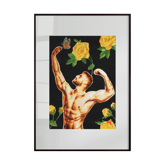 A framed artwork depicting a muscular male figure surrounded by yellow roses, with a delicate butterfly perched nearby, set against a deep black background. The composition contrasts strength and delicacy, celebrating the harmony between power, beauty, and nature.