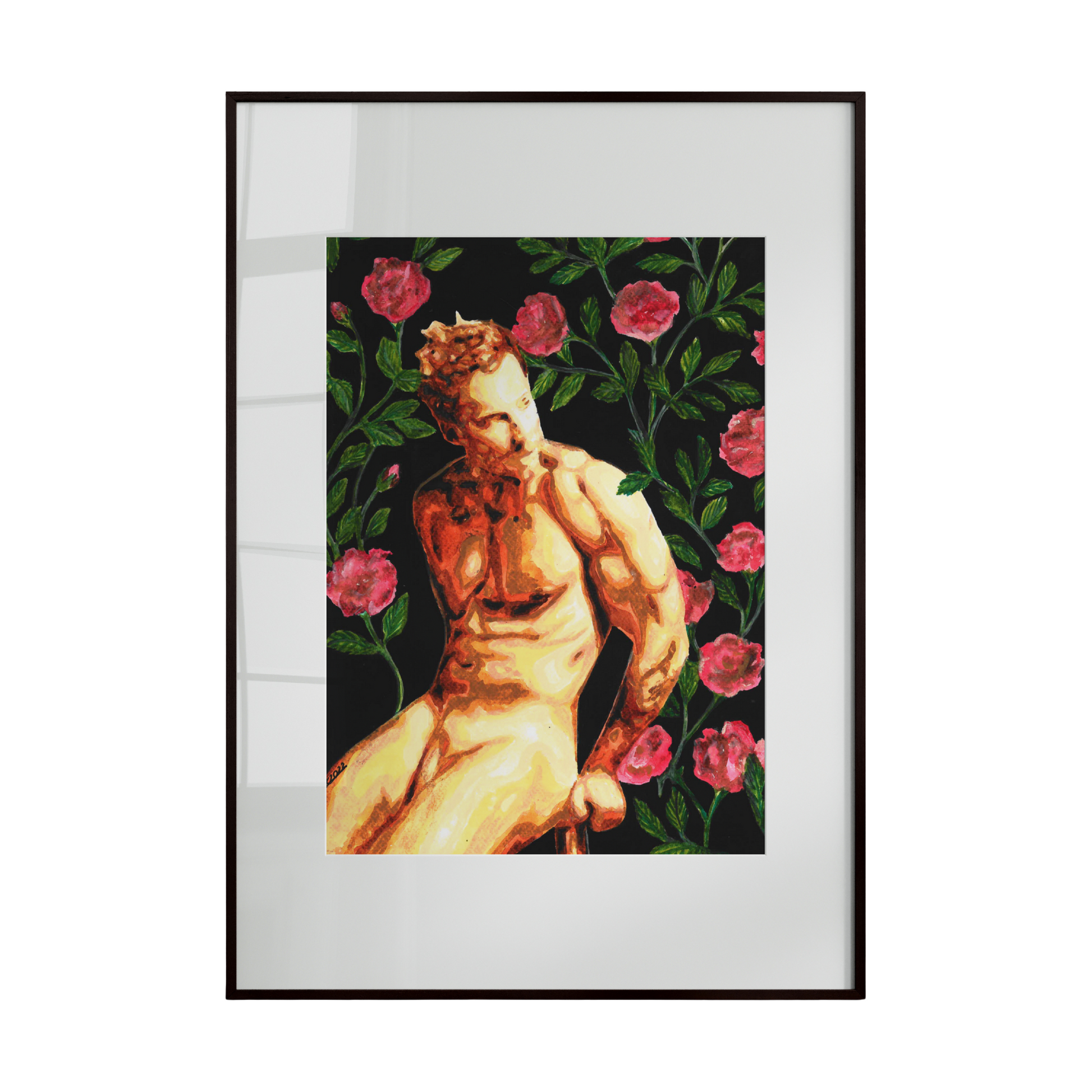 Framed artwork of a classical statue with pink roses on a white background