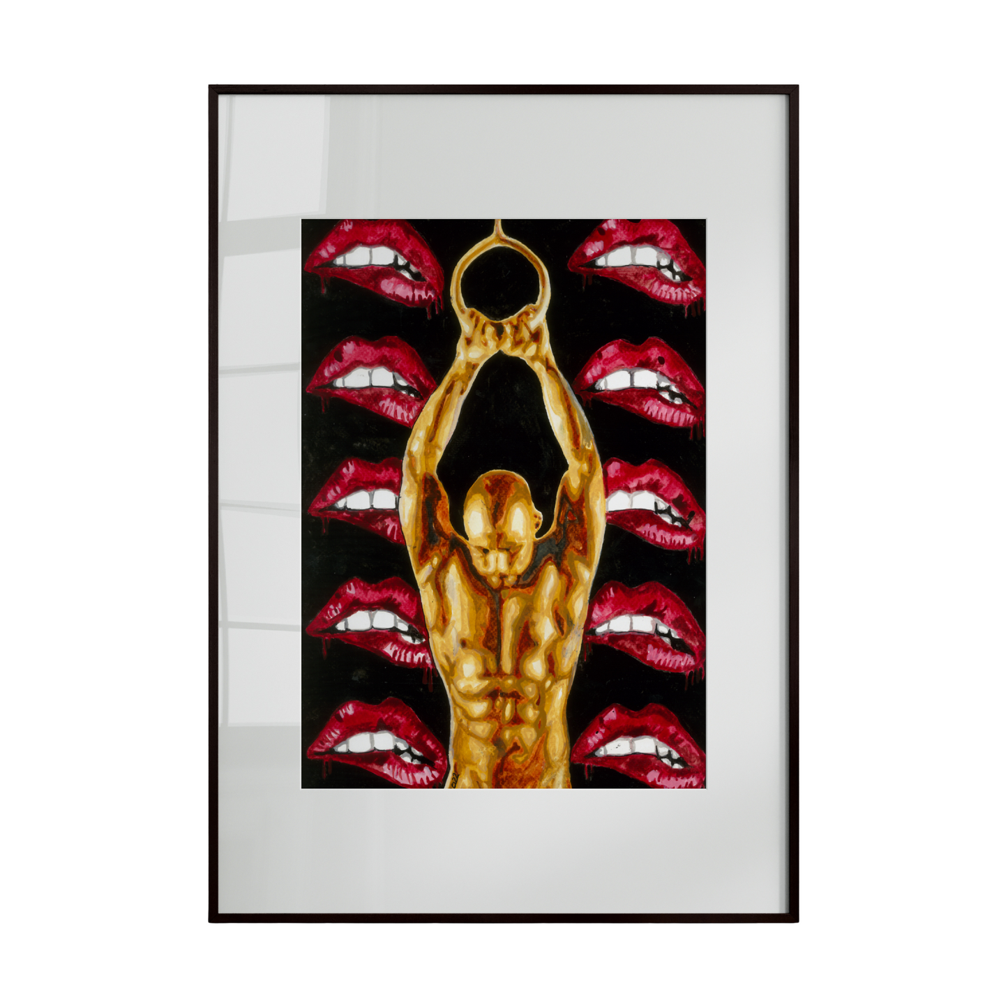 nude man tilting his head upwards in a moment of intimate expression. The background is deep black, adorned with scattered lipstick prints that create a playful yet bold contrast,