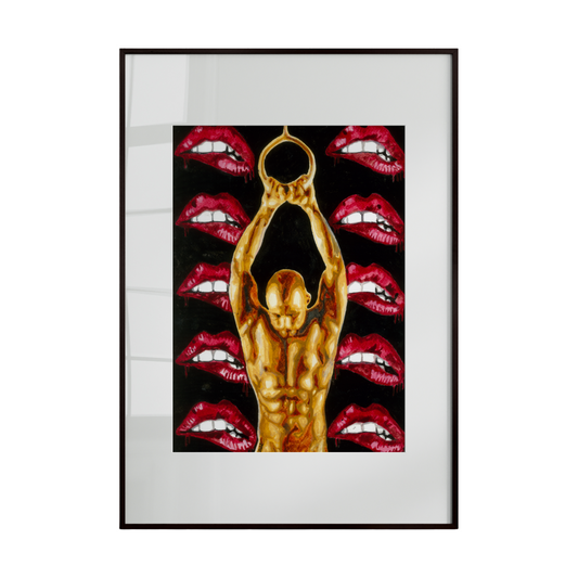 nude man tilting his head upwards in a moment of intimate expression. The background is deep black, adorned with scattered lipstick prints that create a playful yet bold contrast,