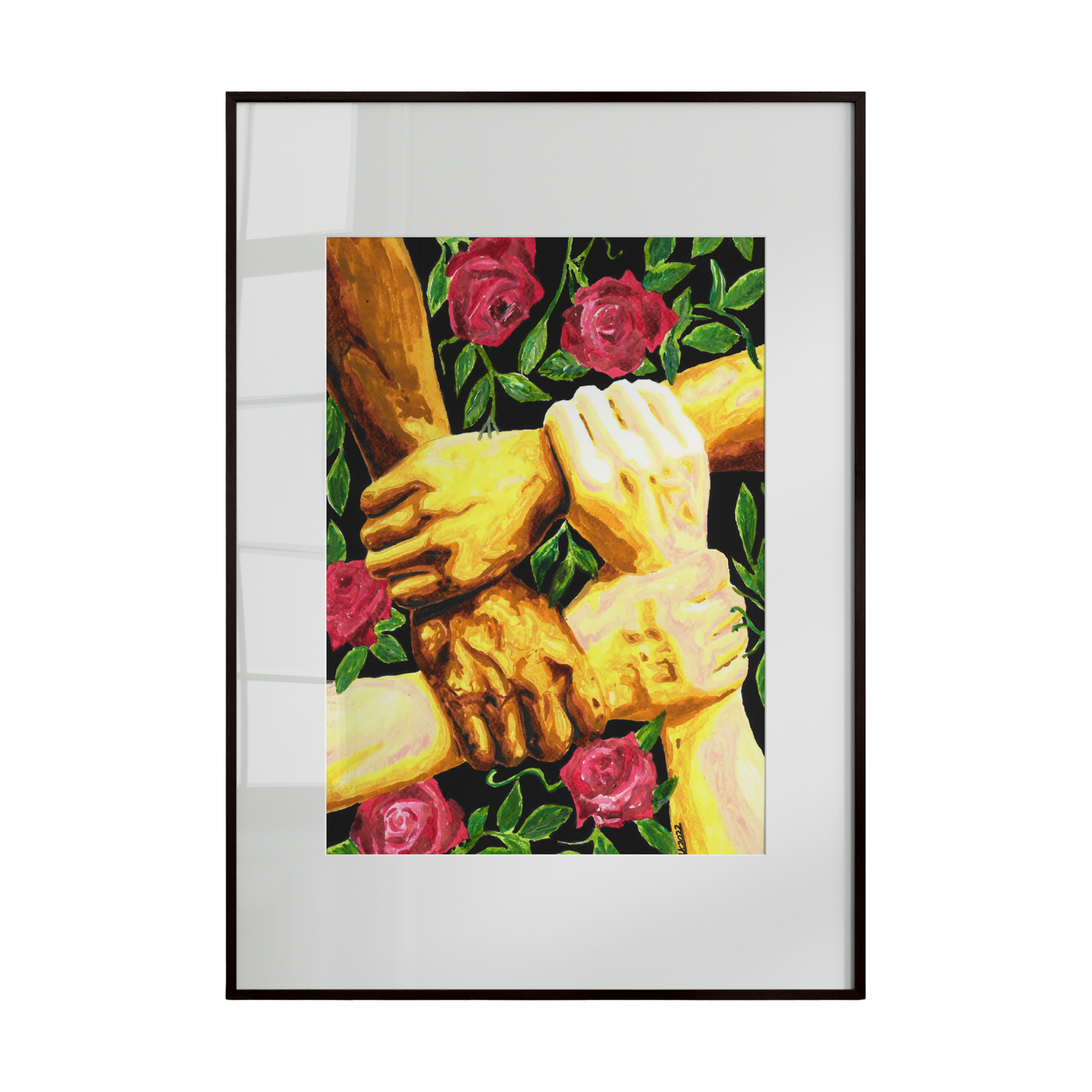 Framed artwork of hands holding roses on a white background