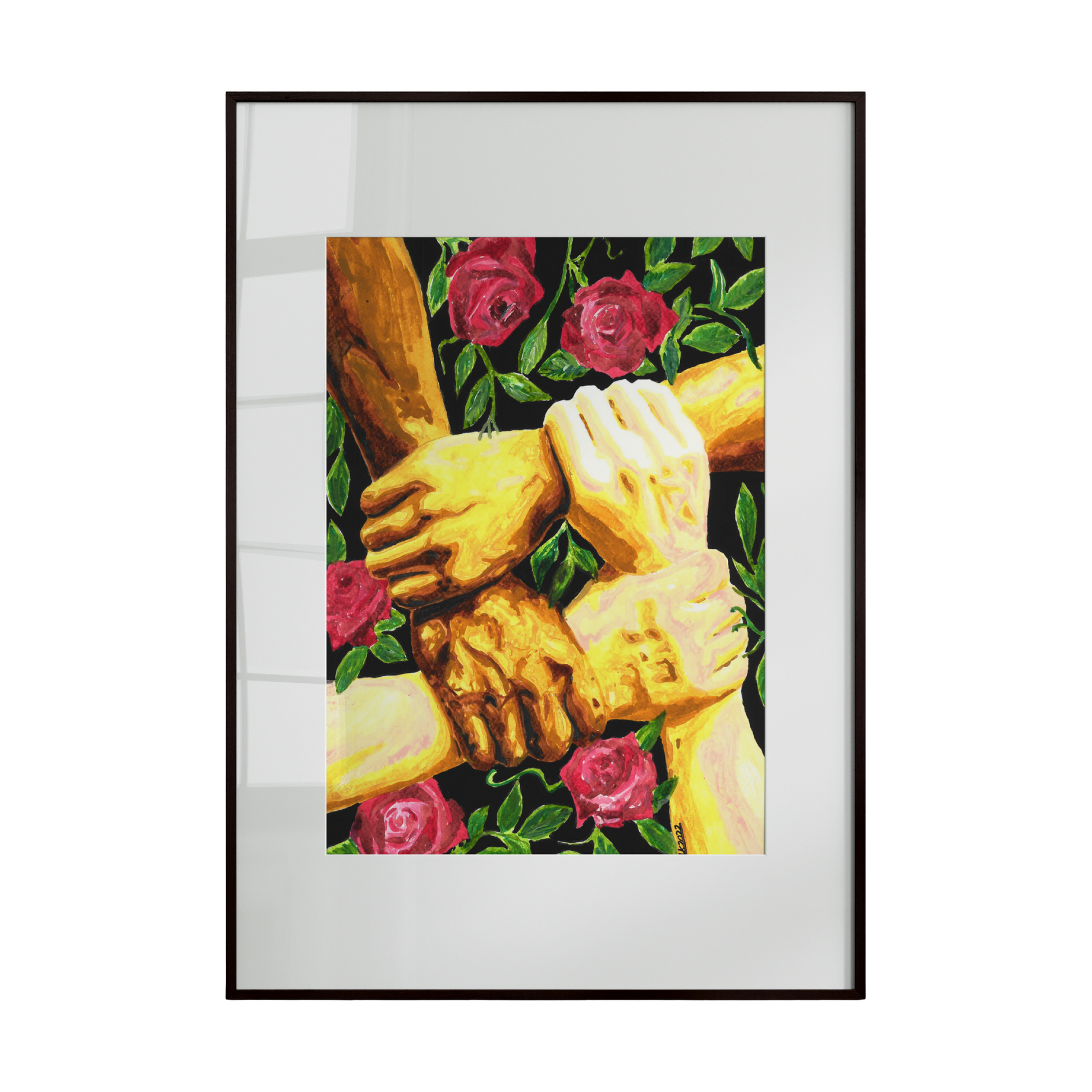 Framed artwork of hands holding roses on a white background