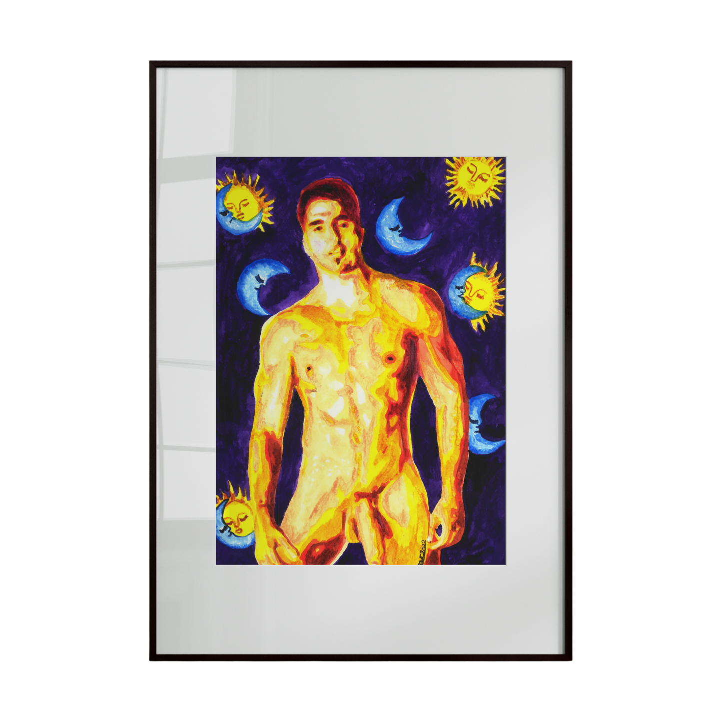 handsome nude man set against a cosmic background of deep blues, adorned with moons and suns. The luminous celestial elements contrast with the figure’s form, highlighting both vulnerability and strength