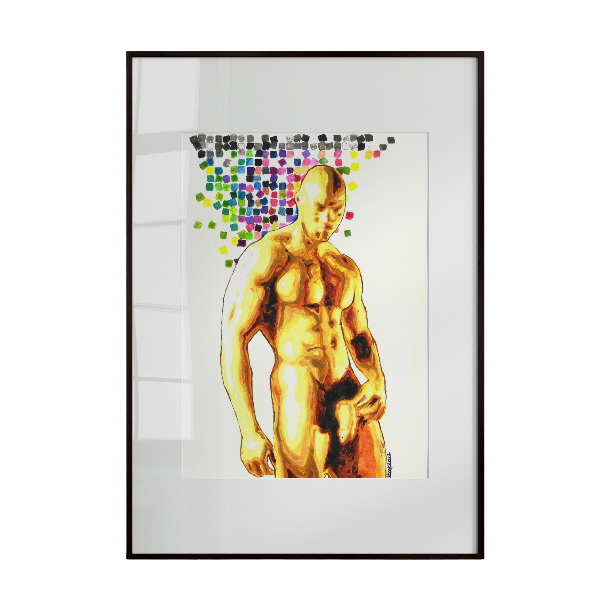 This artwork depicts a nude male figure highlighted in golden tones, set against a background of small, colorful squares on a white, The composition combines geometric structure with the warmth of the human form, creating a striking contrast between pattern, color, and elegance.