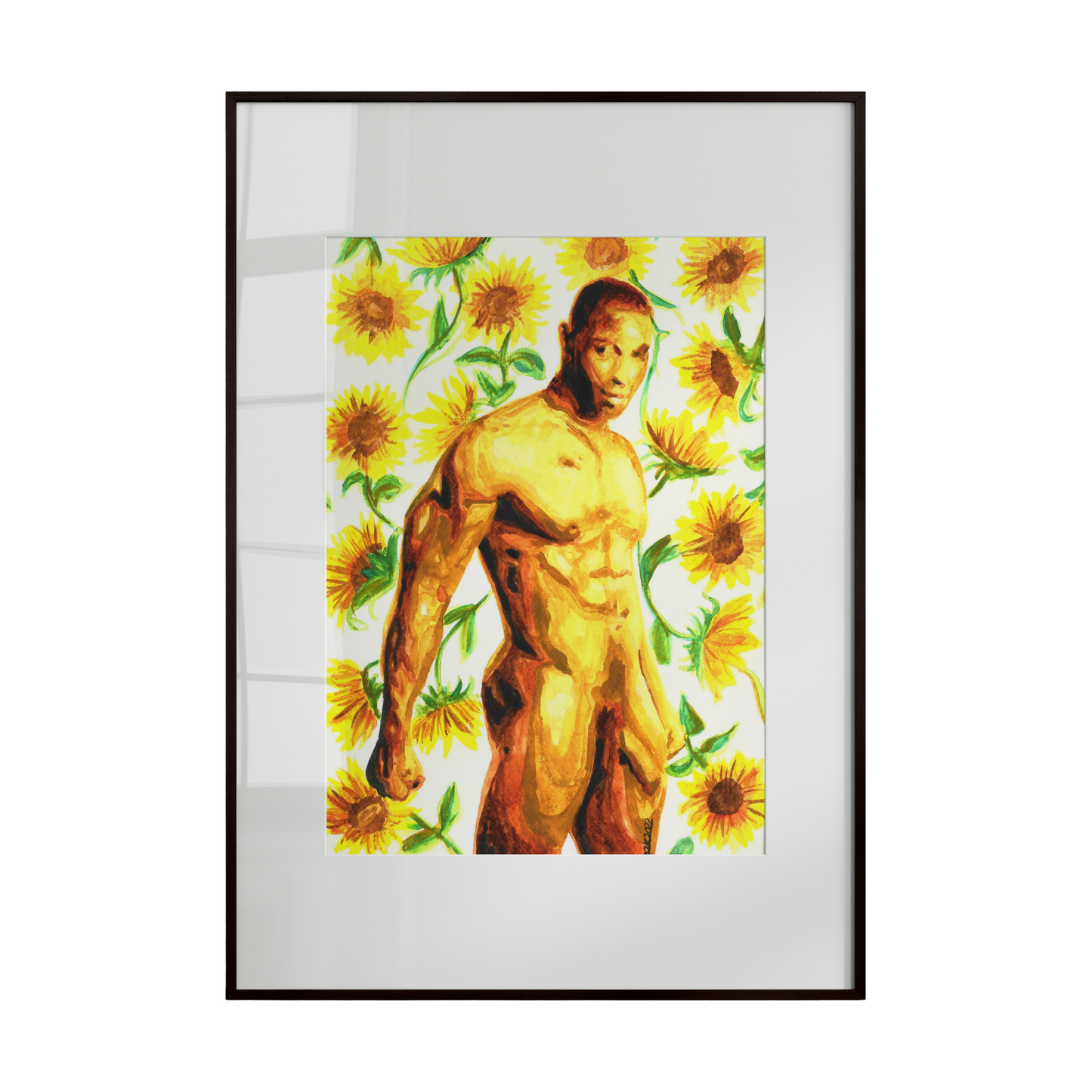 Framed artwork of a muscular figure surrounded by sunflowers on a white background