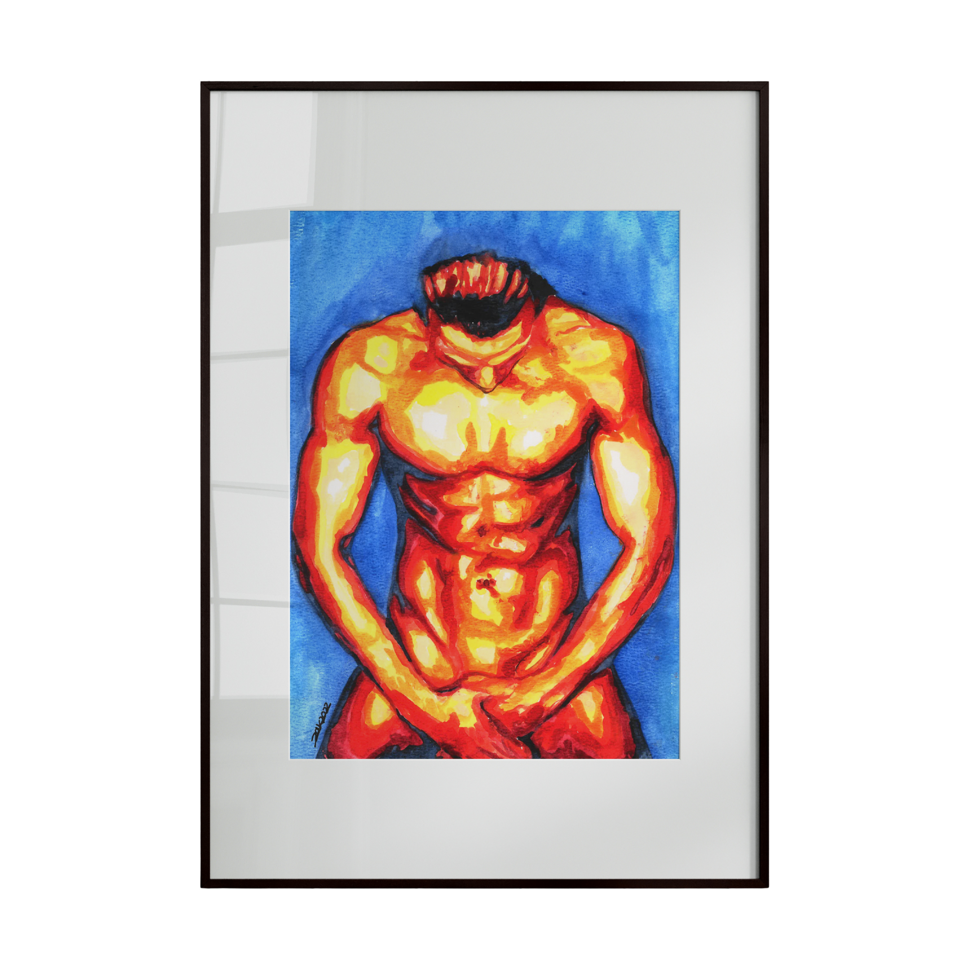Framed artwork of a muscular figure with a colorful background