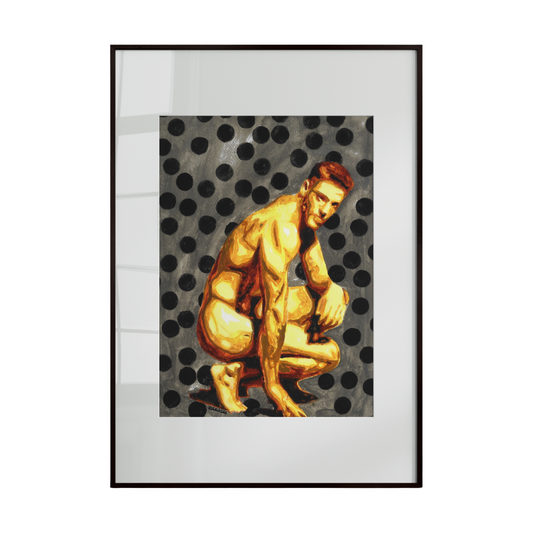 nude male figure seated in a squatting position against a minimalist gray background dotted with scattered black marks. The contrast between the soft, expressive tones of the figure and the abstract, dotted backdrop creates a tension between vulnerability and structure.