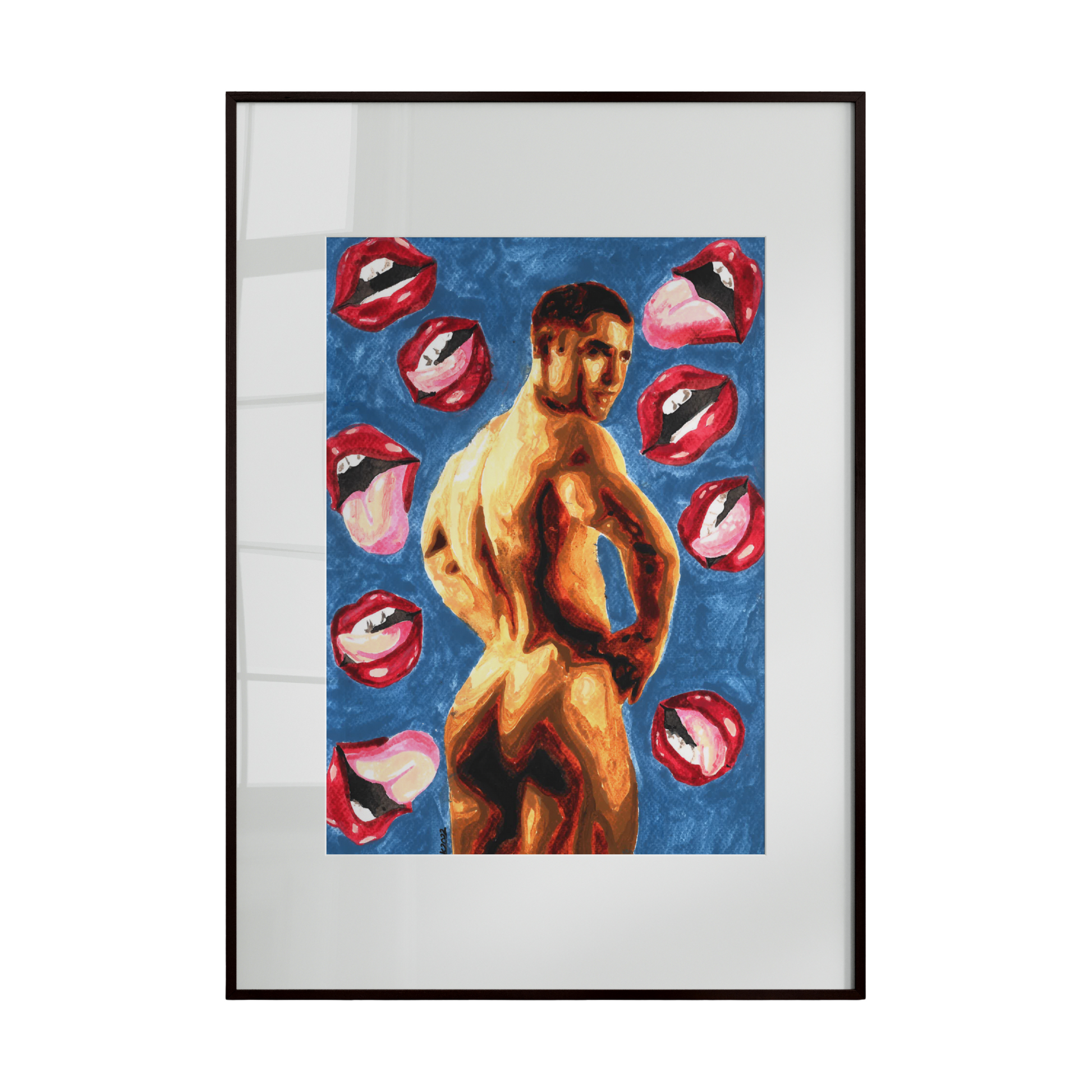 male figure with stylized, prominent lips against a deep blue background. Vibrant colors highlight the figure’s presence, 