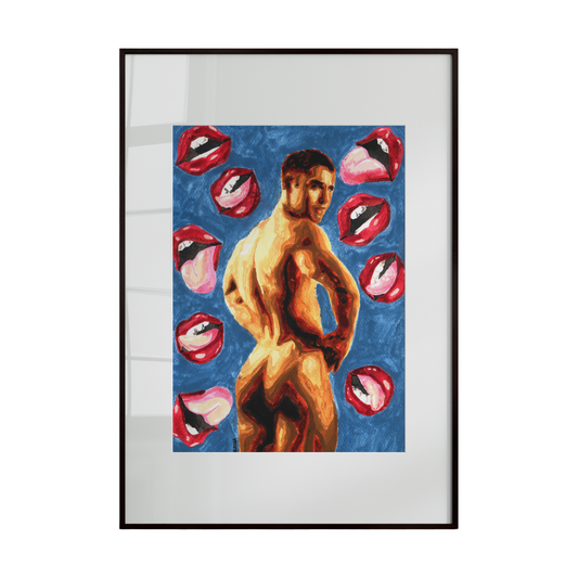male figure with stylized, prominent lips against a deep blue background. Vibrant colors highlight the figure’s presence, 