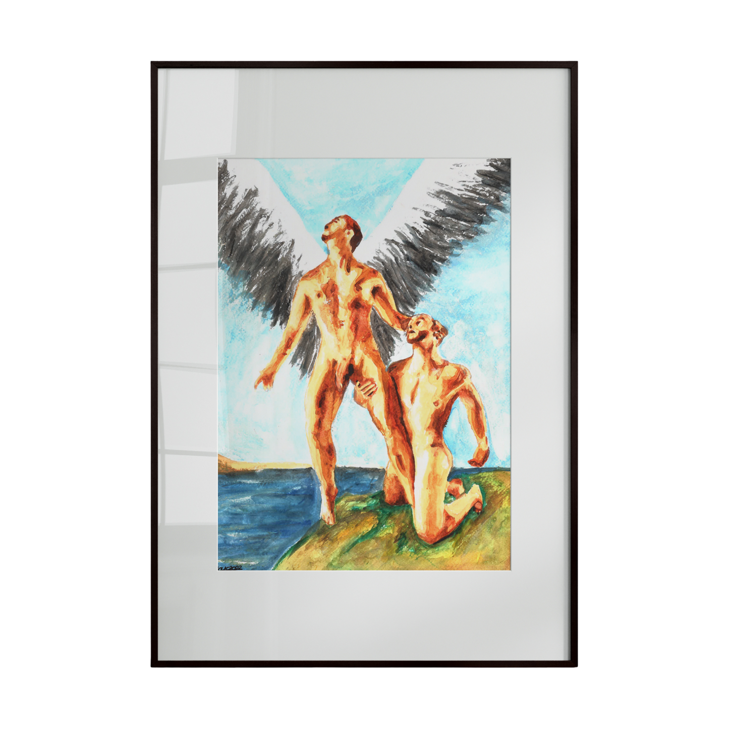 queer male couple on a small island. One figure has angelic wings and leans as if ready to take flight, while the other gently holds the winged figure’s foot, grounding him to stay. 
