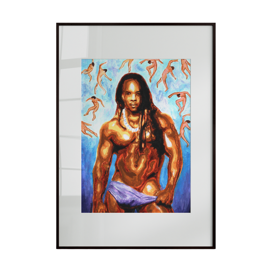 Black male figure with defined musculature, inspired by a Hawaiian aesthetic and sense of natural power. Positioned against a backdrop of angelic forms, the composition blends physical strength with spiritual symbolism. 