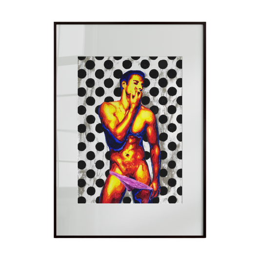 A nude male figure painted in warm, fiery tones, set against a crisp white background dotted with soft black bokeh. The contrast highlights the figure’s form, radiating warmth, energy, and intimate beauty.”