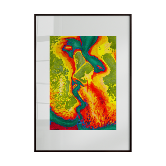 Framed abstract artwork with vibrant colors on a white background