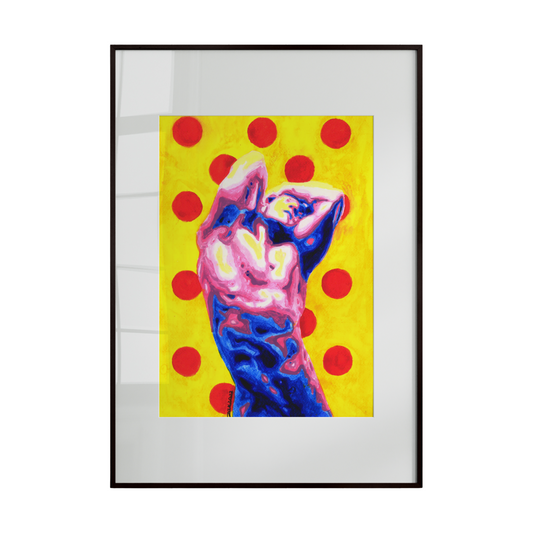 Framed artwork of a nude figure on a yellow background with red polka dots.