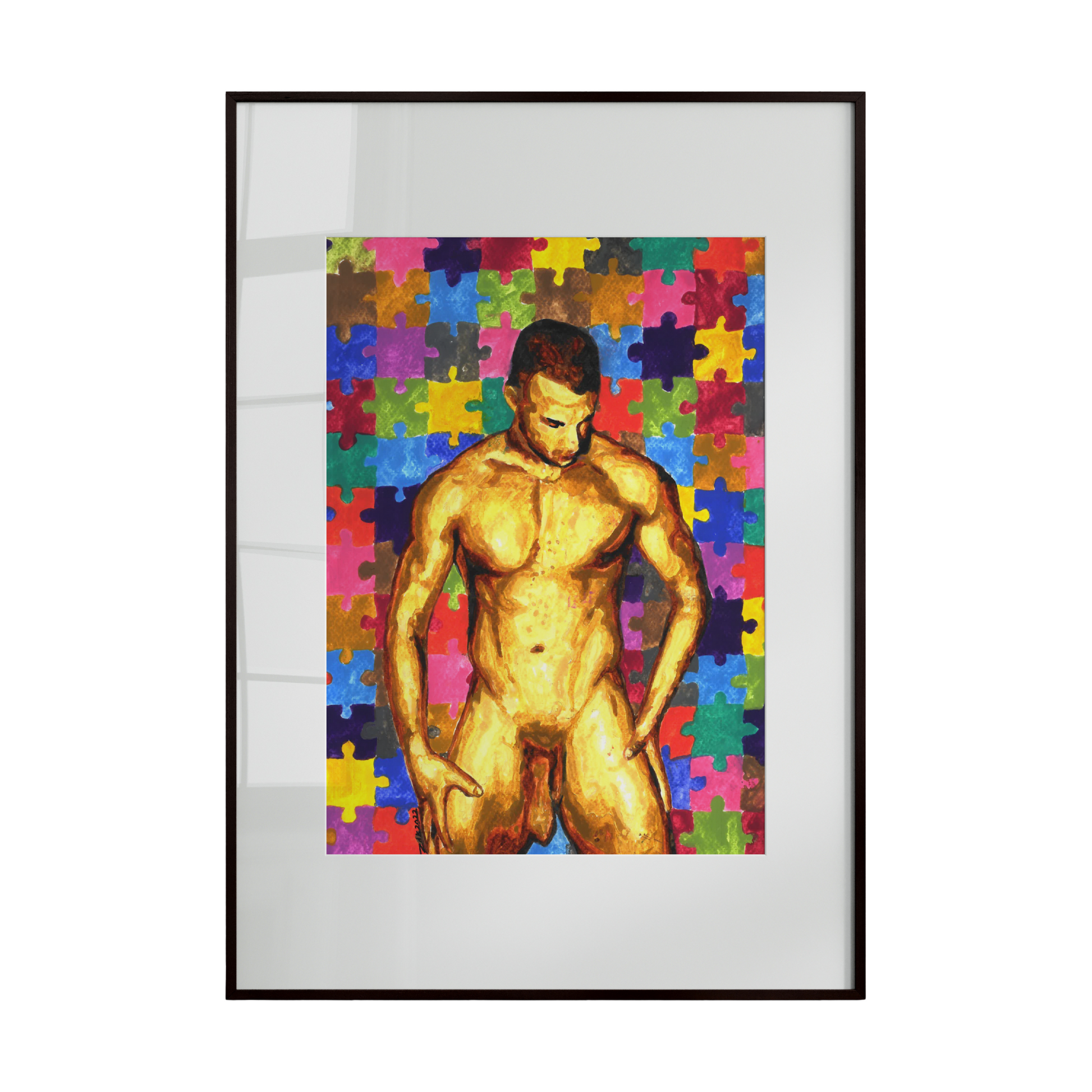 Framed artwork of a shirtless man against a colorful puzzle-patterned background