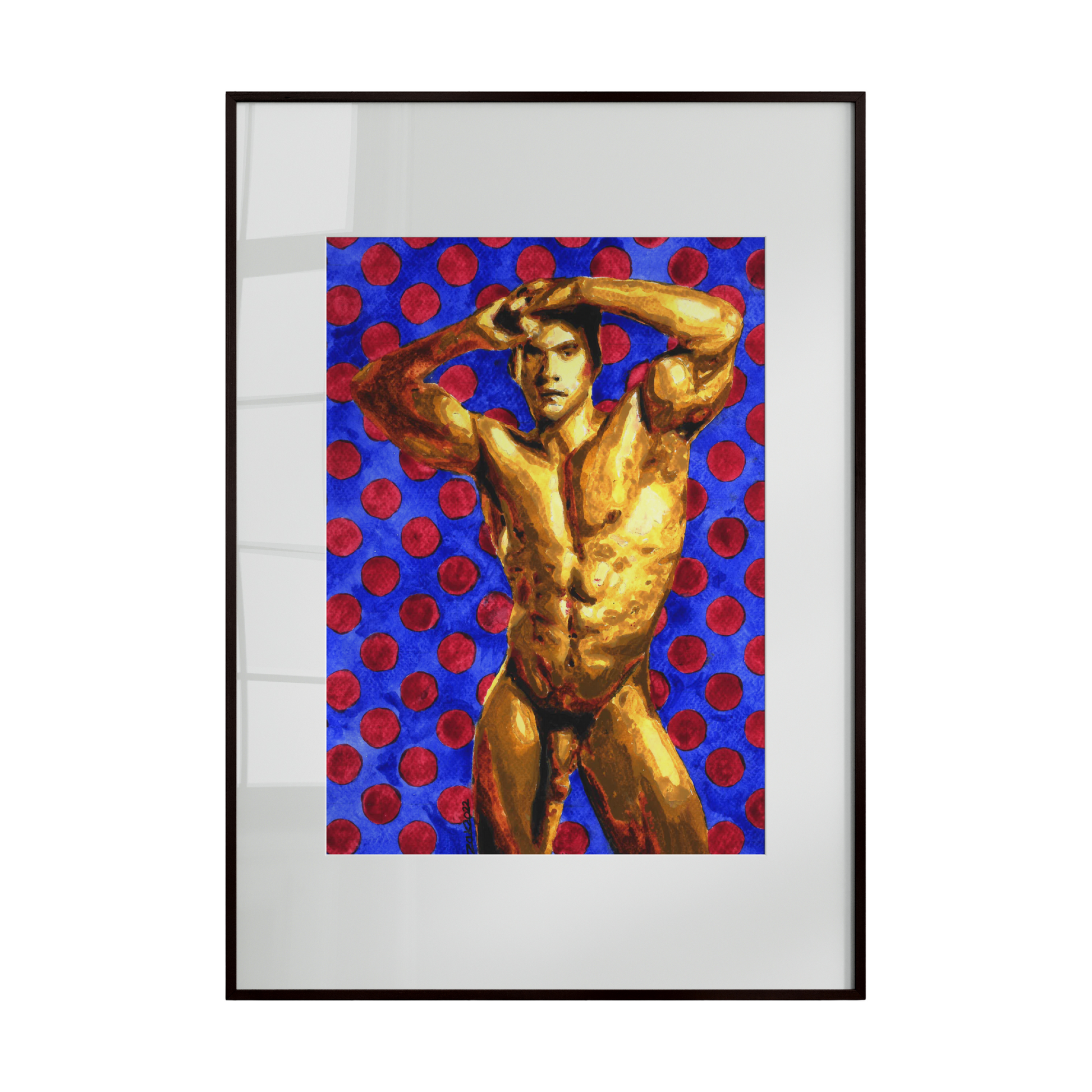 A muscular nude male figure with arms raised behind his head, set against a vibrant blue background dotted with red bokeh. The composition emphasizes strength, form, and striking visual contrast.