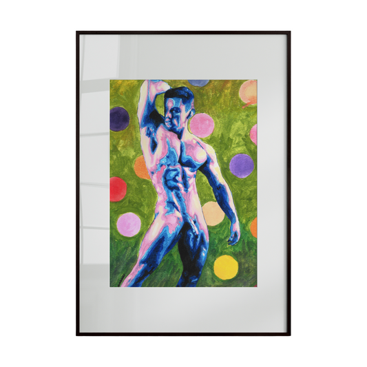Framed artwork of a stylized human figure with colorful circles on a green background