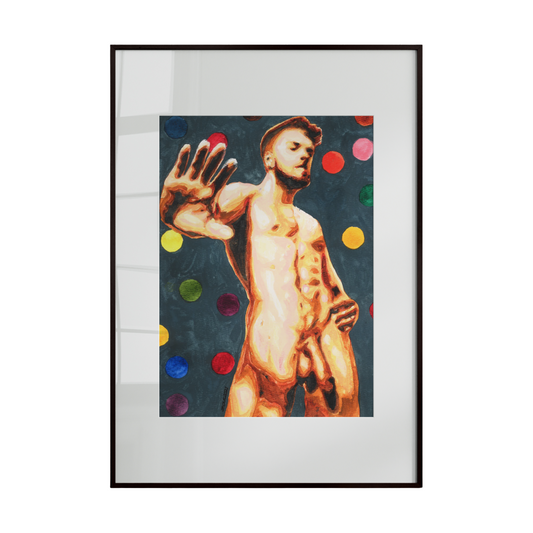 Framed artwork of a nude figure with colorful polka dots on a white background