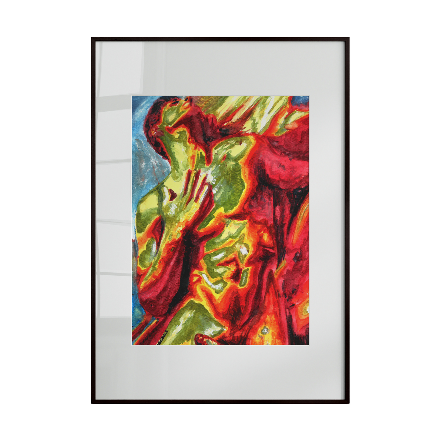 A watercolor artwork depicting the nude male body rendered in warm, radiant tones set against a cool-colored background. The contrast emphasizes the physical presence of the figure while creating a balanced dialogue between heat and calm, intimacy and distance.
