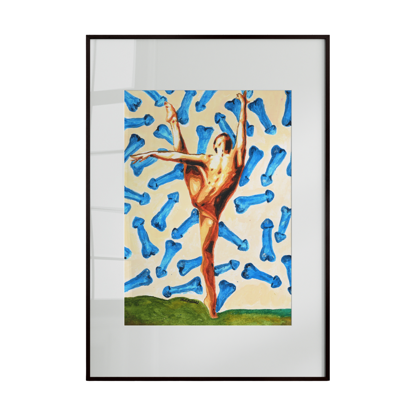 Framed artwork of a nude figure with blue abstract shapes on a white background