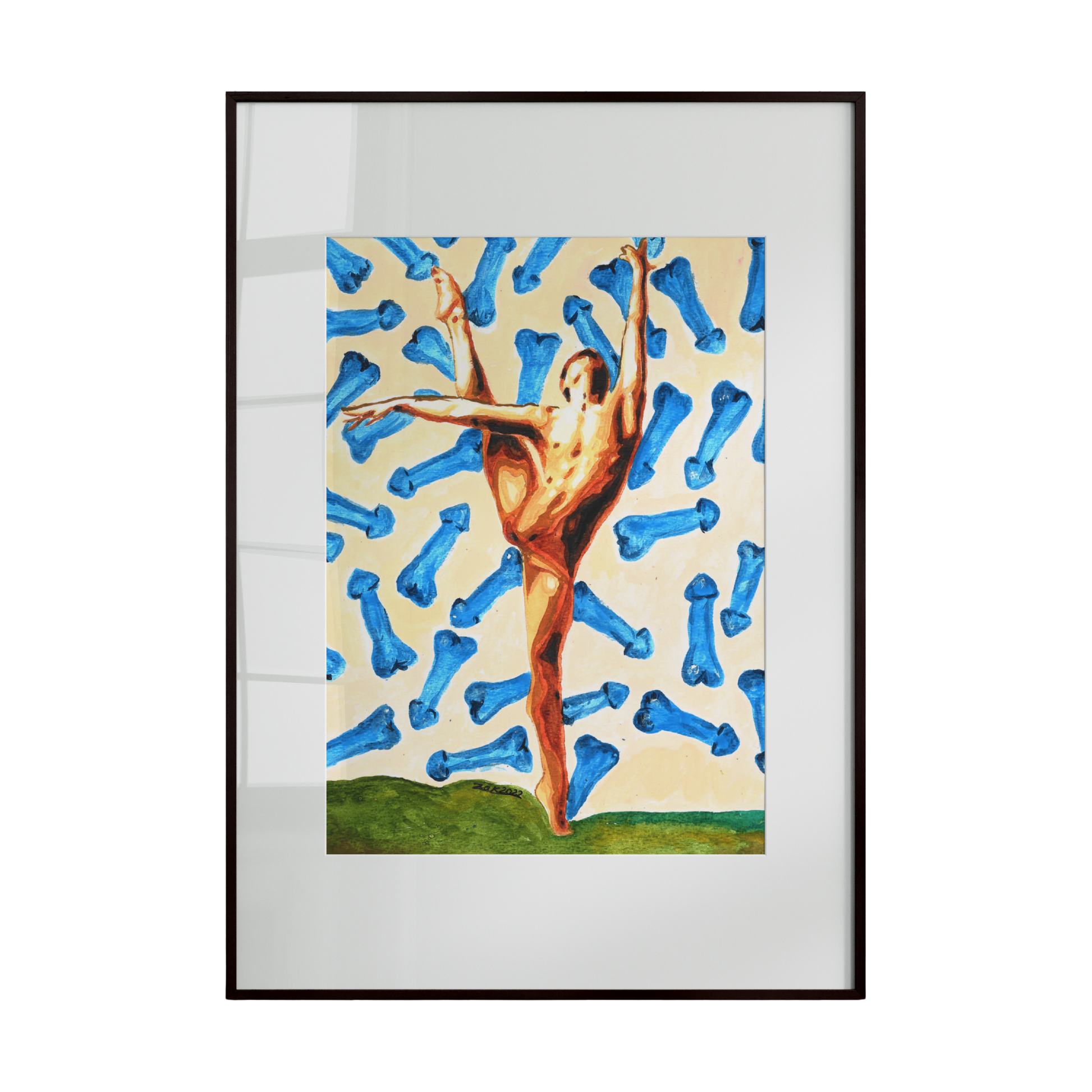 Framed artwork of a nude figure with blue abstract shapes on a white background