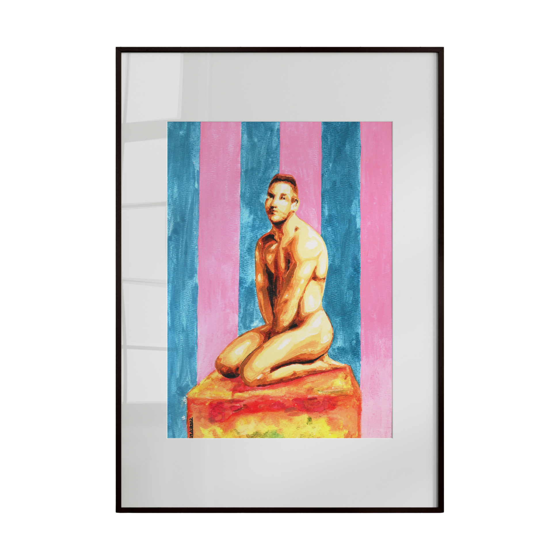 A playful and bold artwork depicting a nude male figure sitting atop a large wedge of cheese. The background features vertically striped wallpaper in soft blue and pink tones, creating a whimsical and colorful composition that combines surreal humor with expressive human form.