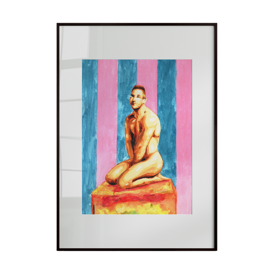 A playful and bold artwork depicting a nude male figure sitting atop a large wedge of cheese. The background features vertically striped wallpaper in soft blue and pink tones, creating a whimsical and colorful composition that combines surreal humor with expressive human form.