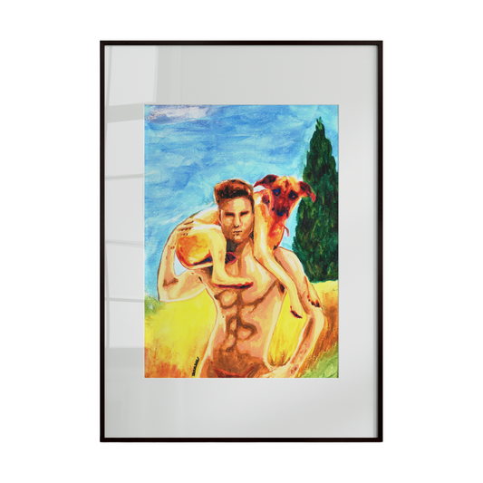 Framed artwork of a man with a dog against a blue sky.