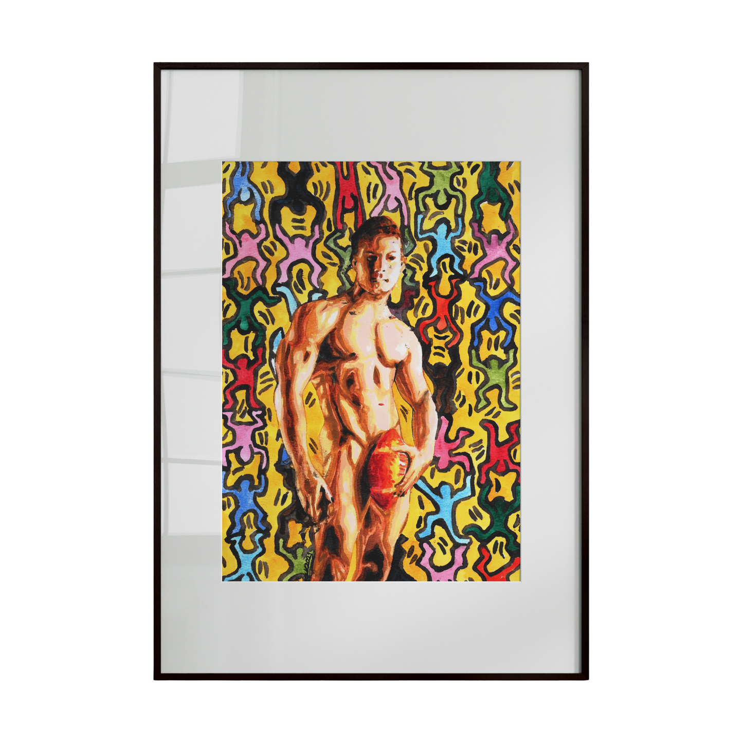 Framed artwork of a nude figure against a colorful abstract background
