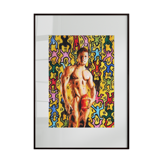 Framed artwork of a nude figure against a colorful abstract background