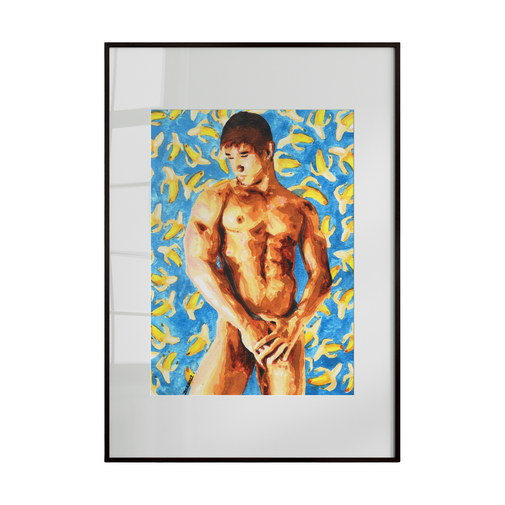 nude, muscular male figure set against a vibrant blue background adorned with playful stickers. Bold brushstrokes and vivid colors highlight the contours of the body, emphasizing strength, 