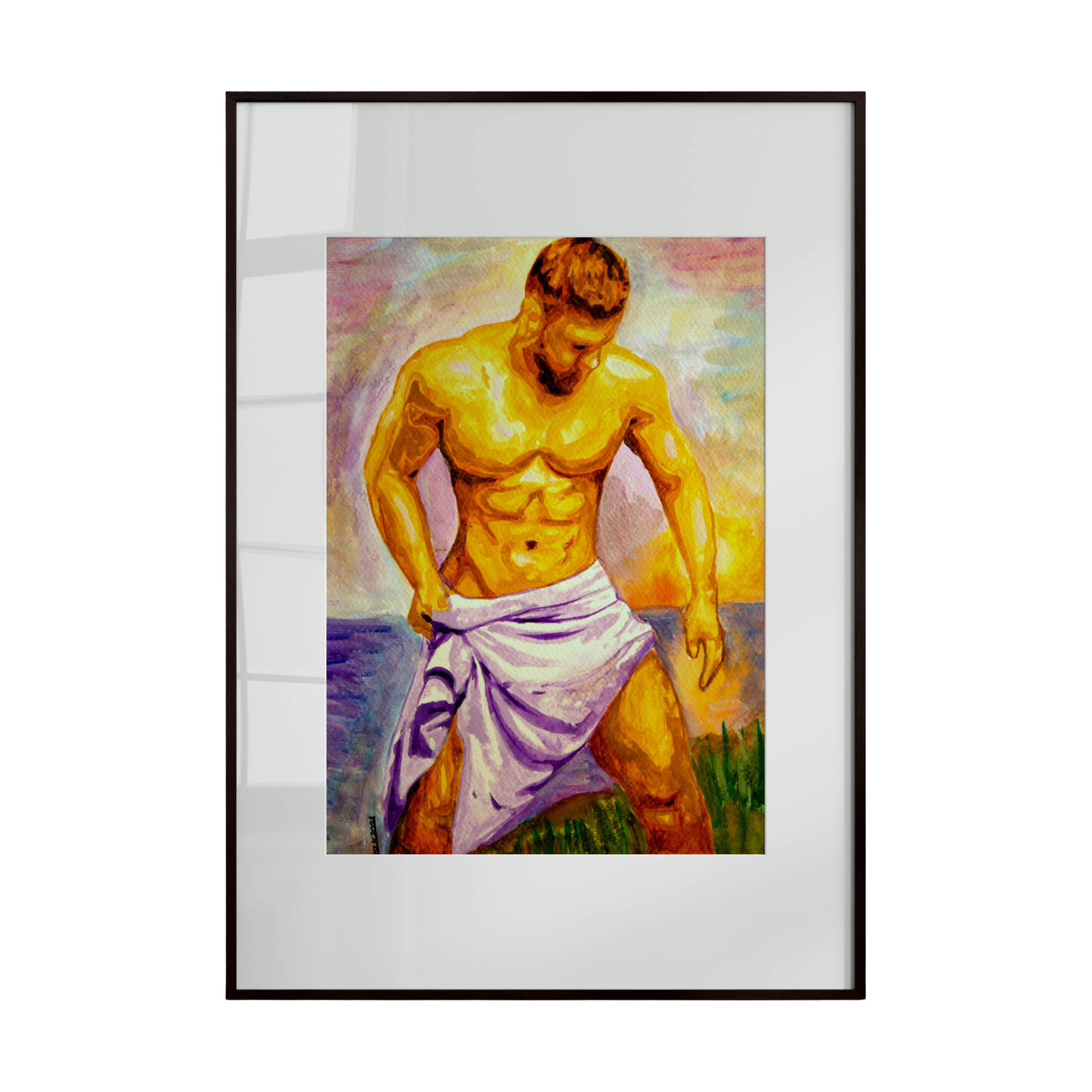 A framed artwork depicting a male figure holding a towel. The composition emphasizes the contours and natural form of the body, blending subtle sensuality with warmth and everyday intimacy.