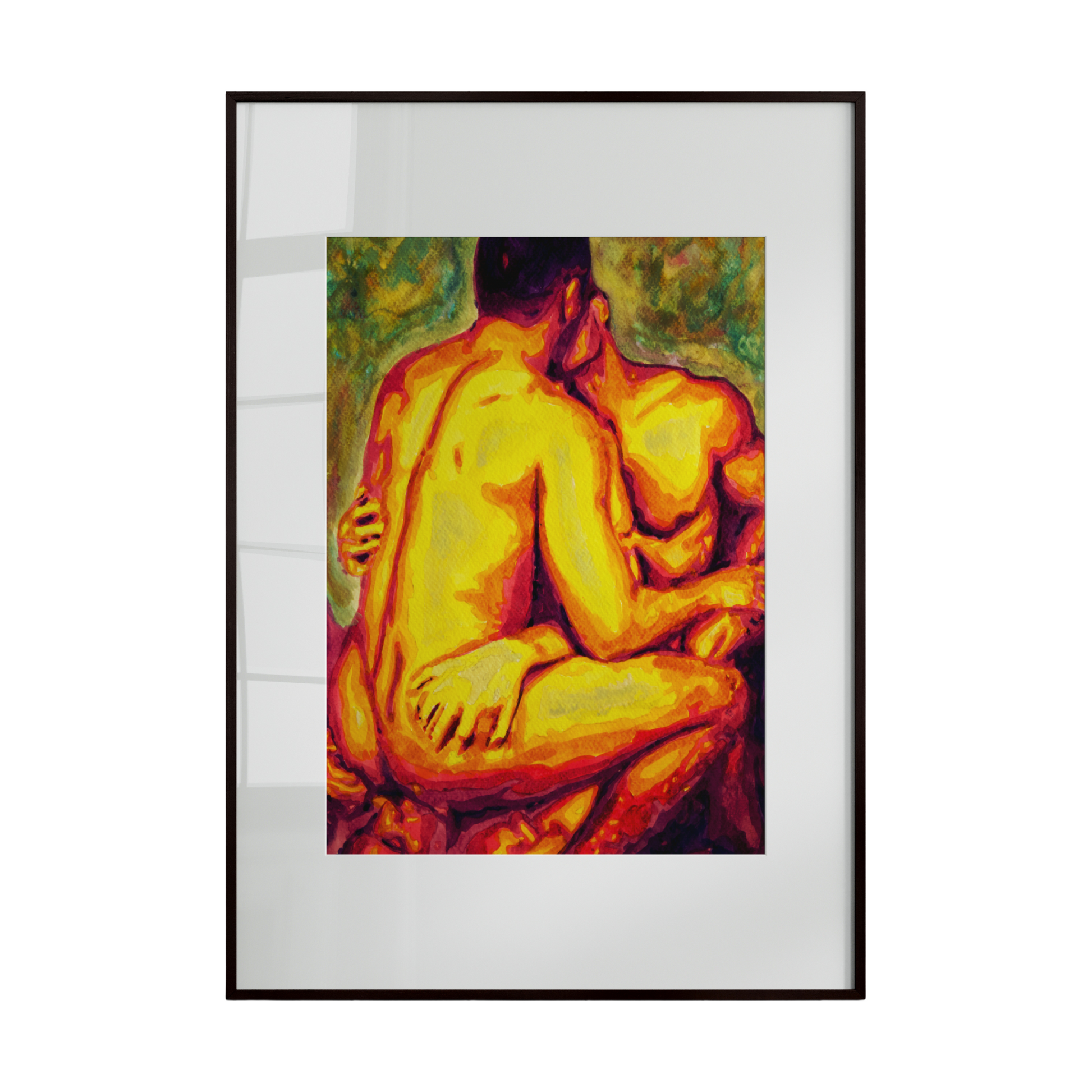 three male figures arranged in an intimate, closely connected composition, rendered in a palette of warm, glowing tones. The bodies appear intertwined through gesture and proximity rather than explicit action, forming a unified visual rhythm that emphasizes closeness, trust,