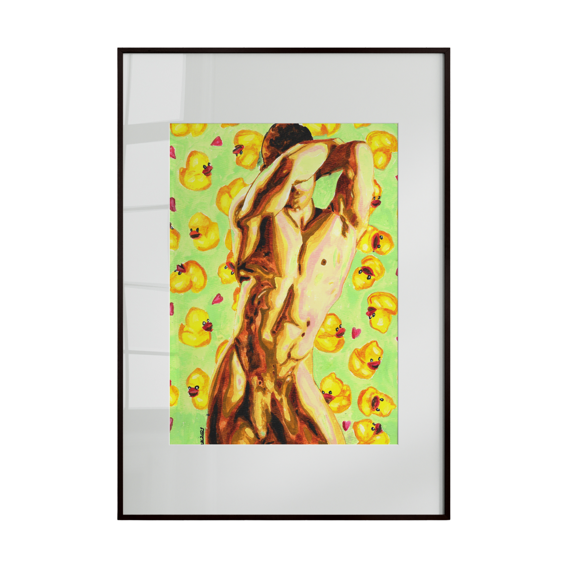 Framed artwork of a nude figure with a colorful pattern on a green background