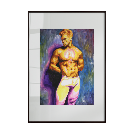 Framed artwork of a muscular figure with a colorful background
