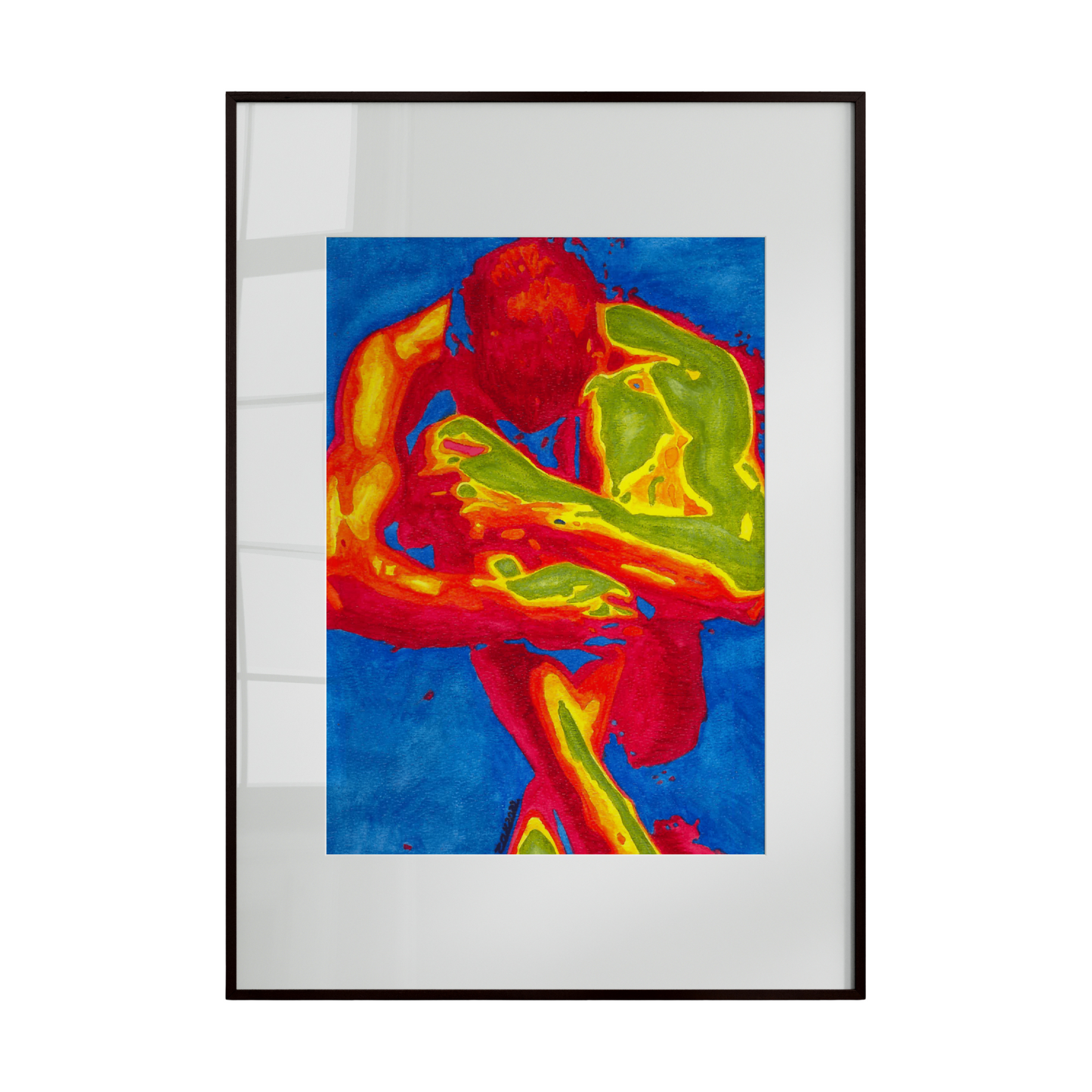 Framed abstract artwork with vibrant colors on a white background